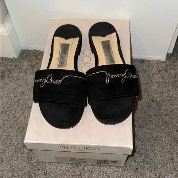 Jimmy Choo Black Crystal Slide Sandals Size 37 1/2