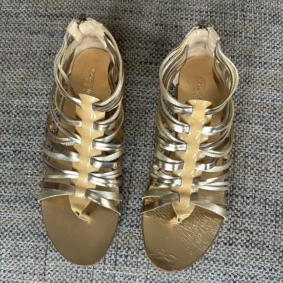 Jimmy Choo Chaya Nude patent leather and gold gladiator sandal size 36.5