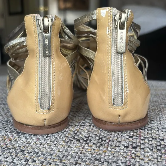 Jimmy Choo Chaya Nude patent leather and gold gladiator sandal size 36.5