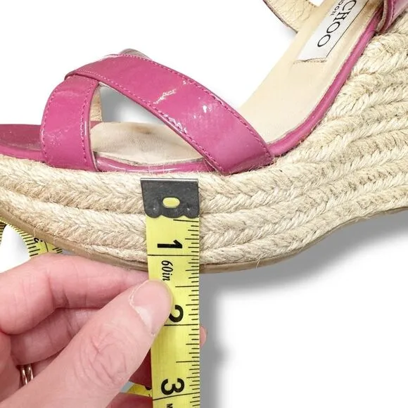 Jimmy Choo Dark Pink Patent Leather Porto Espadrille Platform Wedge Sandals 38