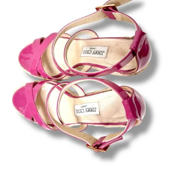 Jimmy Choo Dark Pink Patent Leather Porto Espadrille Platform Wedge Sandals 38