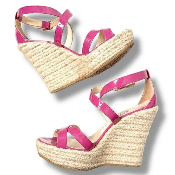 Jimmy Choo Dark Pink Patent Leather Porto Espadrille Platform Wedge Sandals 38