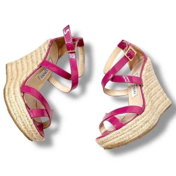 Jimmy Choo Dark Pink Patent Leather Porto Espadrille Platform Wedge Sandals 38