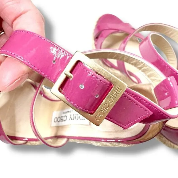 Jimmy Choo Dark Pink Patent Leather Porto Espadrille Platform Wedge Sandals 38