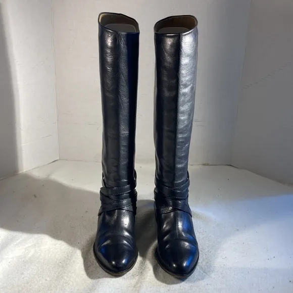 Joan &amp; David Woman’s Black Leather Strappy Riding Moto Y2K Goth Pull On Boots