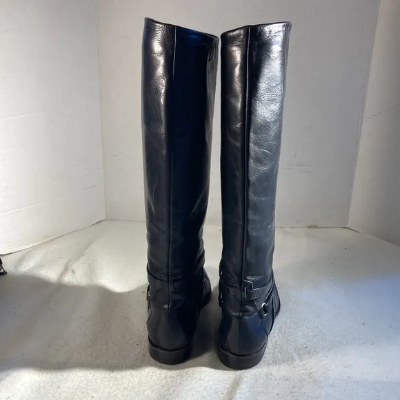 Joan &amp; David Woman’s Black Leather Strappy Riding Moto Y2K Goth Pull On Boots
