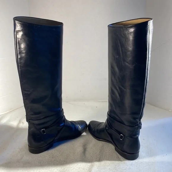 Joan &amp; David Woman’s Black Leather Strappy Riding Moto Y2K Goth Pull On Boots