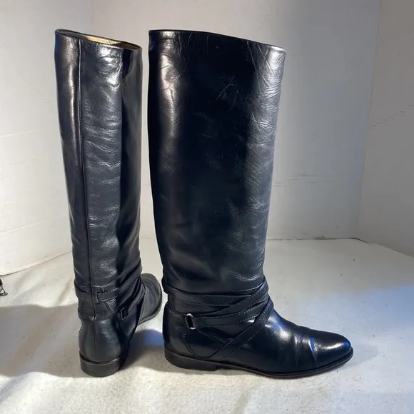 Joan &amp; David Woman’s Black Leather Strappy Riding Moto Y2K Goth Pull On Boots