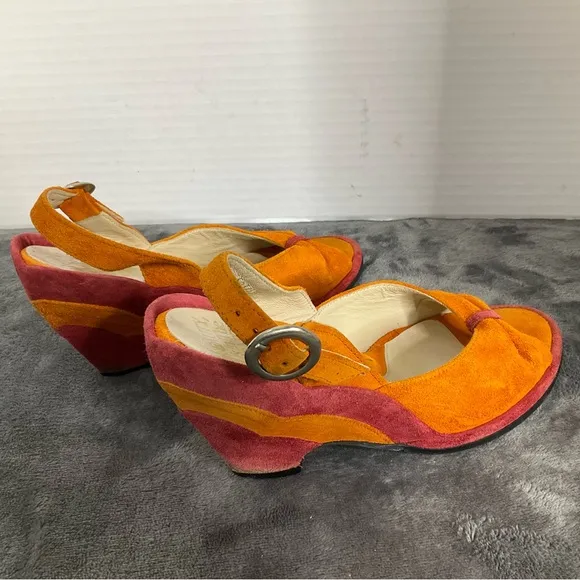 John Fluevog Heels Womens 6 Orange Suede Slingback Peep Toe Miss June Pump Shoes