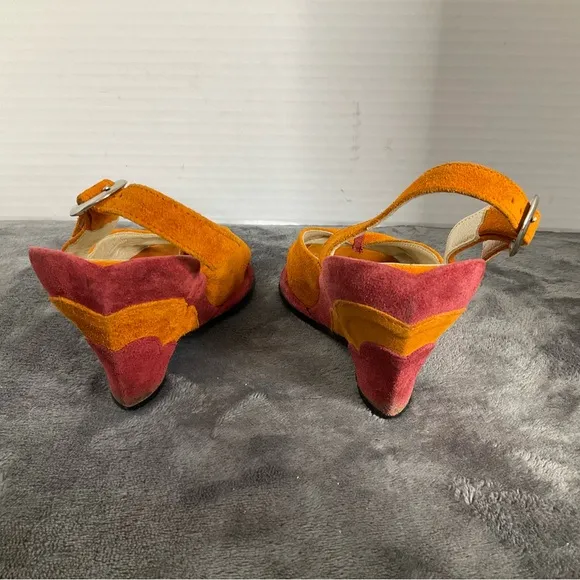 John Fluevog Heels Womens 6 Orange Suede Slingback Peep Toe Miss June Pump Shoes