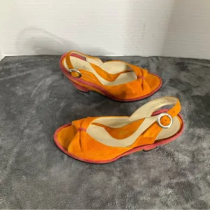 John Fluevog Heels Womens 6 Orange Suede Slingback Peep Toe Miss June Pump Shoes