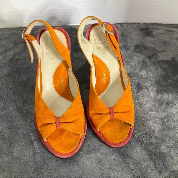 John Fluevog Heels Womens 6 Orange Suede Slingback Peep Toe Miss June Pump Shoes
