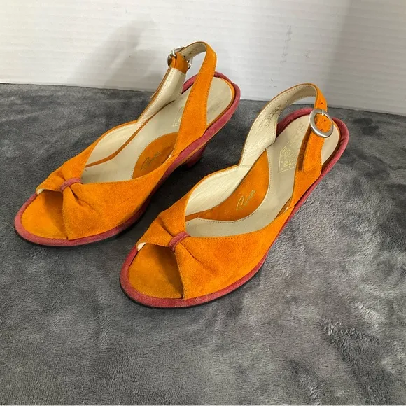 John Fluevog Heels Womens 6 Orange Suede Slingback Peep Toe Miss June Pump Shoes