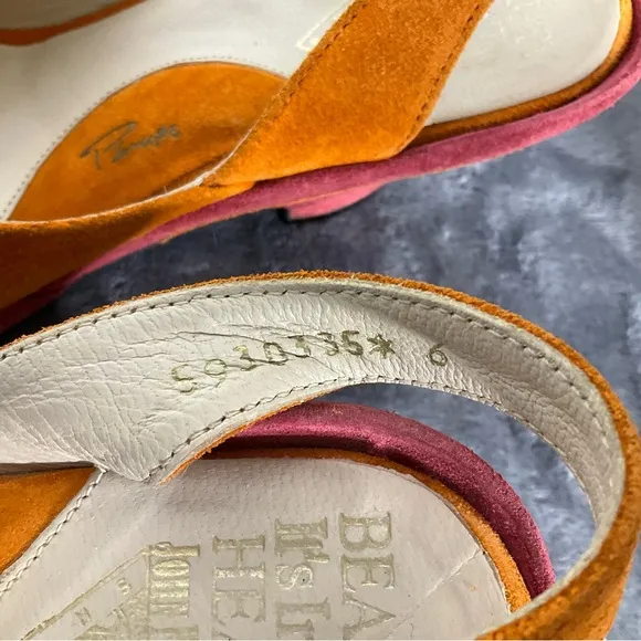 John Fluevog Heels Womens 6 Orange Suede Slingback Peep Toe Miss June Pump Shoes