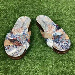 Johnny Was Sandals Leather Sunny Garden Twist Slip On Floral Blue