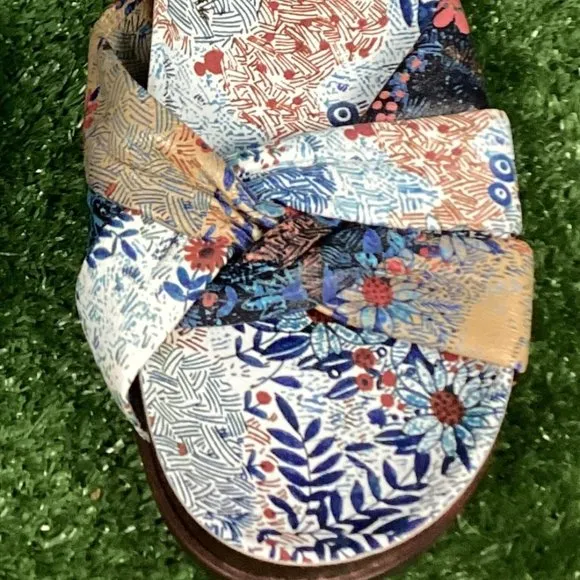 Johnny Was Sandals Leather Sunny Garden Twist Slip On Floral Blue