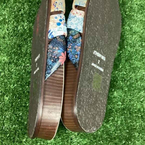 Johnny Was Sandals Leather Sunny Garden Twist Slip On Floral Blue