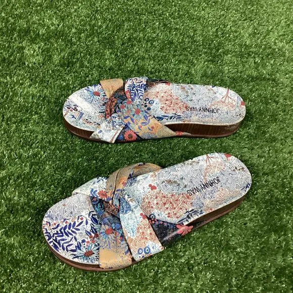 Johnny Was Sandals Leather Sunny Garden Twist Slip On Floral Blue