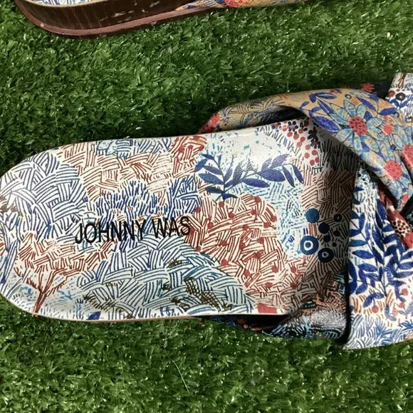 Johnny Was Sandals Leather Sunny Garden Twist Slip On Floral Blue