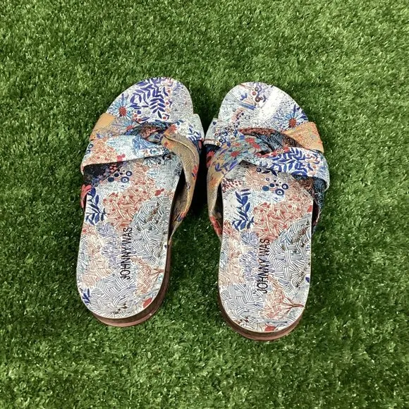 Johnny Was Sandals Leather Sunny Garden Twist Slip On Floral Blue