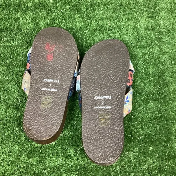 Johnny Was Sandals Leather Sunny Garden Twist Slip On Floral Blue