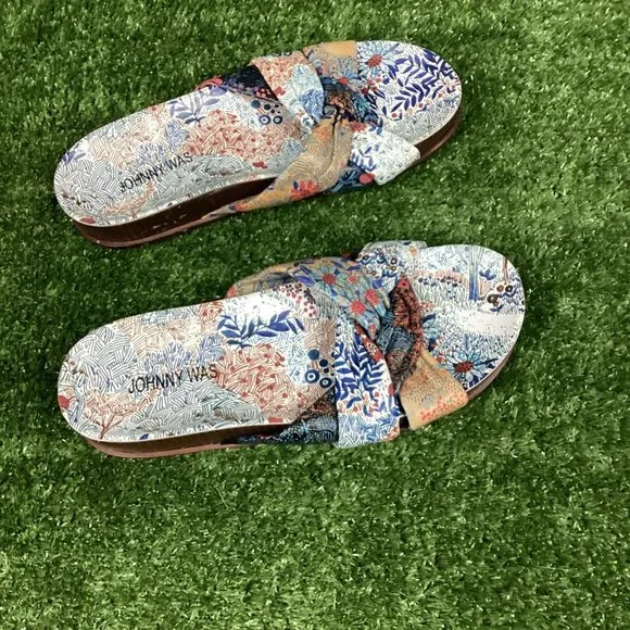 Johnny Was Sandals Leather Sunny Garden Twist Slip On Floral Blue