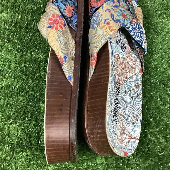 Johnny Was Sandals Leather Sunny Garden Twist Slip On Floral Blue