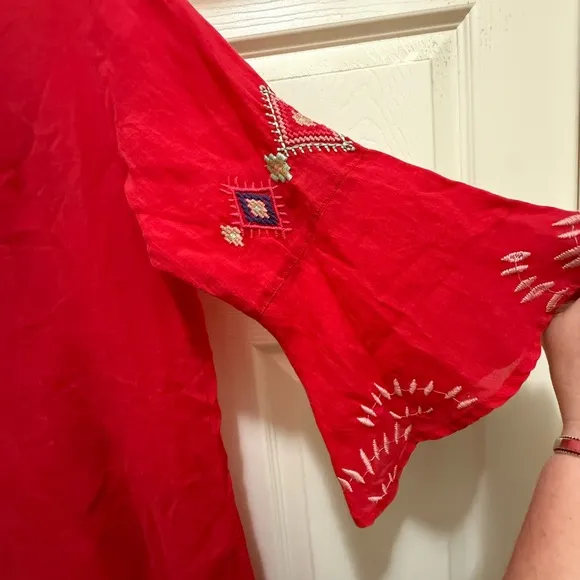 Johnny Was TIERED FLOUNCE DRESS Red with Bell Sleeves S