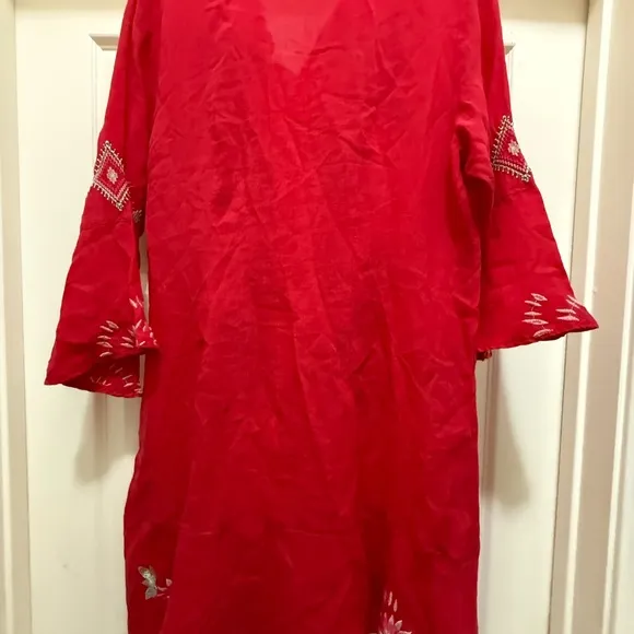 Johnny Was TIERED FLOUNCE DRESS Red with Bell Sleeves S