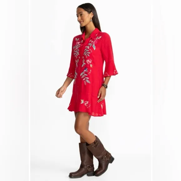 Johnny Was TIERED FLOUNCE DRESS Red with Bell Sleeves S