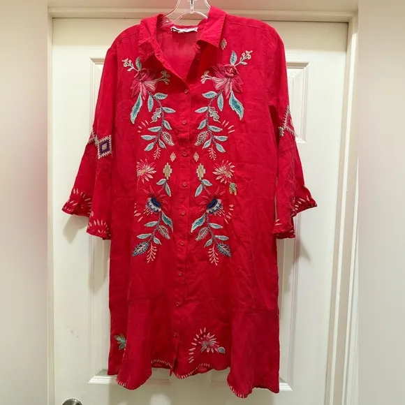 Johnny Was TIERED FLOUNCE DRESS Red with Bell Sleeves S