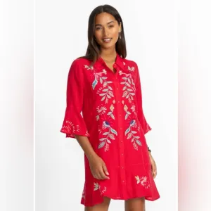 Johnny Was TIERED FLOUNCE DRESS Red with Bell Sleeves S