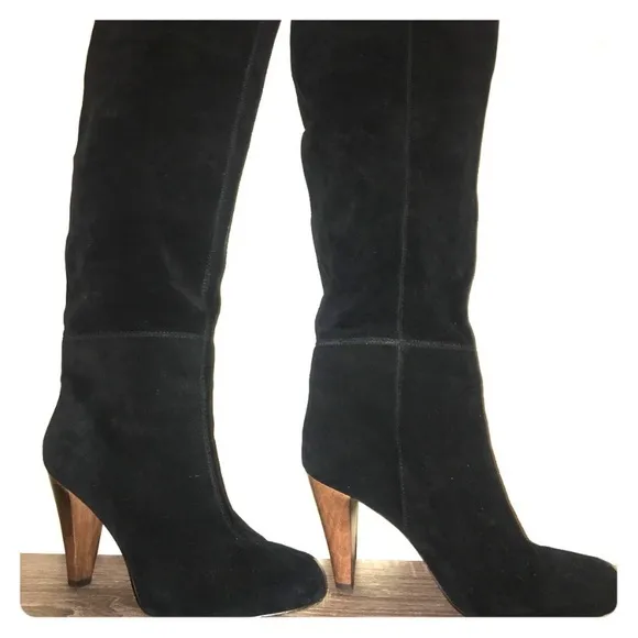 Joie Caviar Black Suede Tall Heeled Boots With Stitching Slouchy fall style