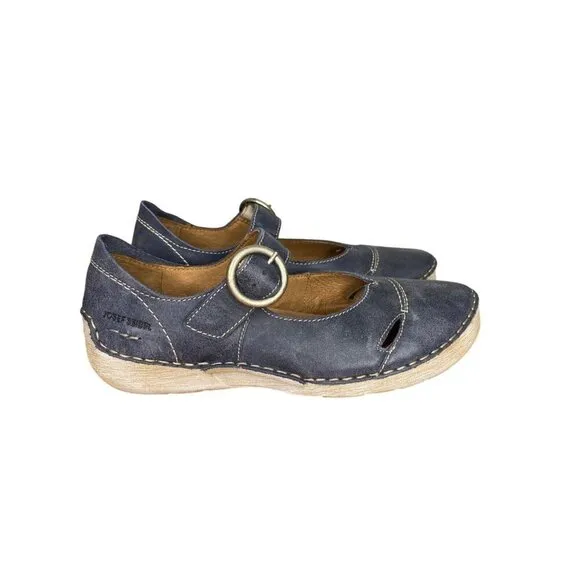 Josef Seibel Fergey 80 Mary Jane Leather Shoes W Buckle Strap Blue EU 37 / US 6