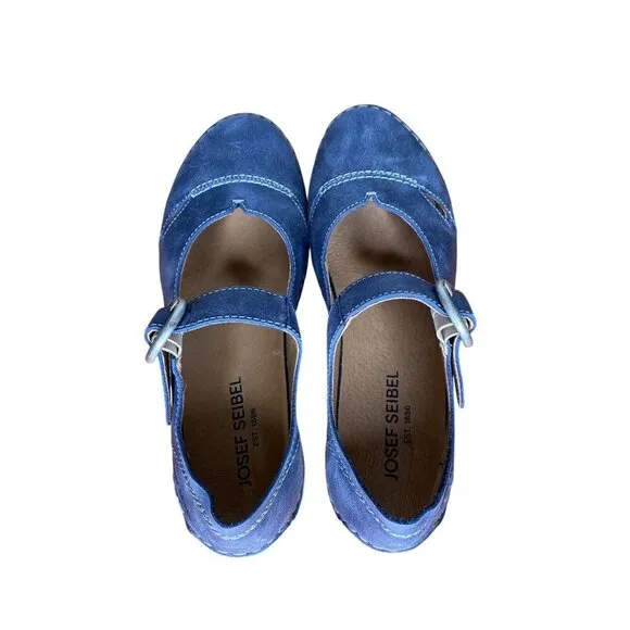 Josef Seibel Fergey 80 Mary Jane Leather Shoes W Buckle Strap Blue EU 37 / US 6