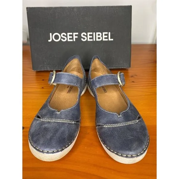 Josef Seibel Fergey 80 Mary Jane Leather Shoes W Buckle Strap Blue EU 37 / US 6