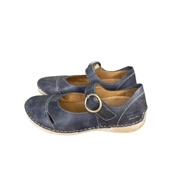 Josef Seibel Fergey 80 Mary Jane Leather Shoes W Buckle Strap Blue EU 37 / US 6