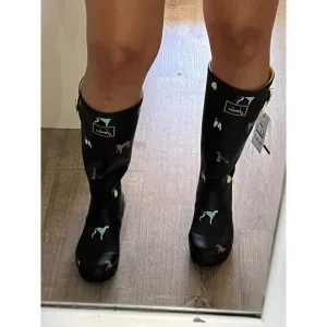 Joules Tall Black Dog Print Rain Boots Wellies size 6