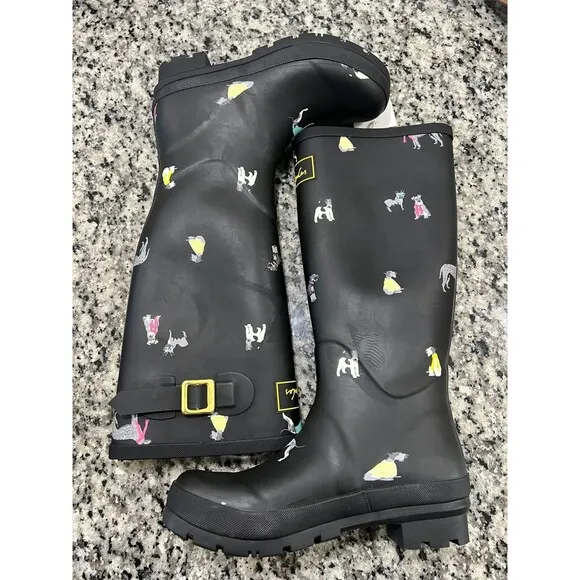 Joules Tall Black Dog Print Rain Boots Wellies size 6