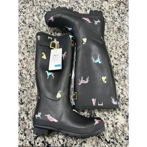 Joules Tall Black Dog Print Rain Boots Wellies size 6