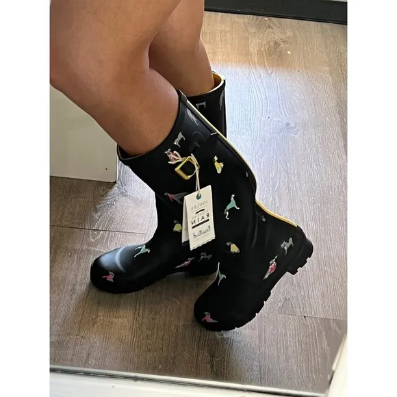 Joules Tall Black Dog Print Rain Boots Wellies size 6