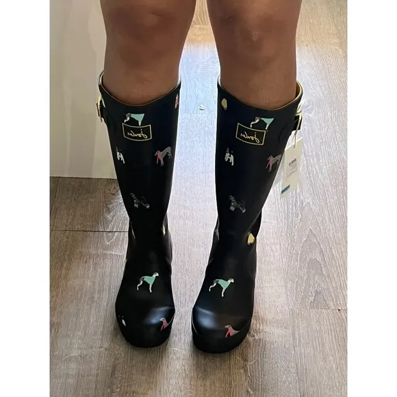 Joules Tall Black Dog Print Rain Boots Wellies size 6