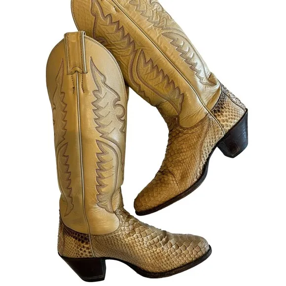 Justin Snakeskin Cowboy Boots Womens 5 1/2B Tall Vintage Leather L4661 USA