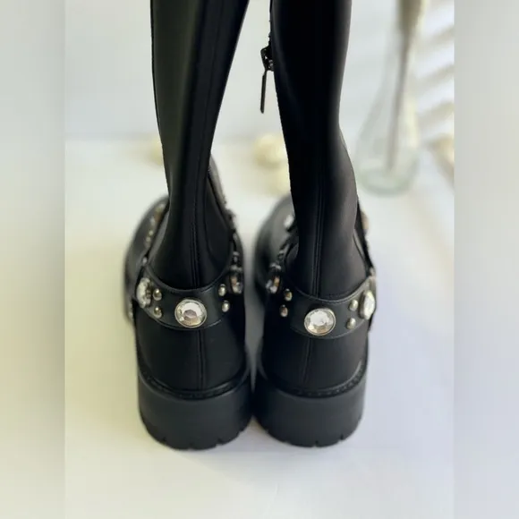 KARL LAGERFELD PARIS, Milla Rhinestone Embellished Leather womens boots size 6.5
