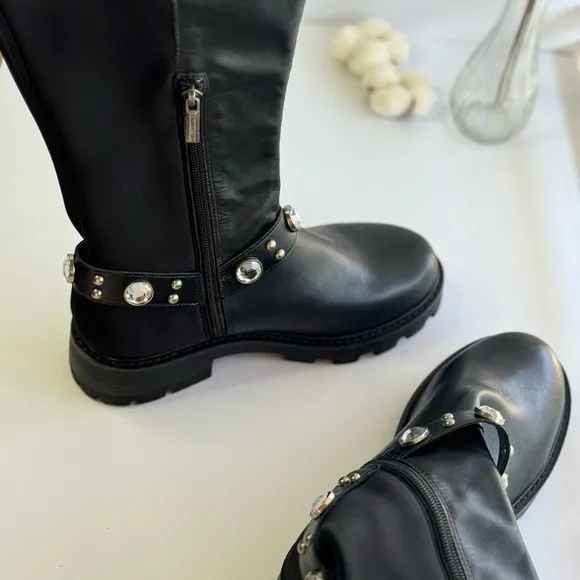 KARL LAGERFELD PARIS, Milla Rhinestone Embellished Leather womens boots size 6.5