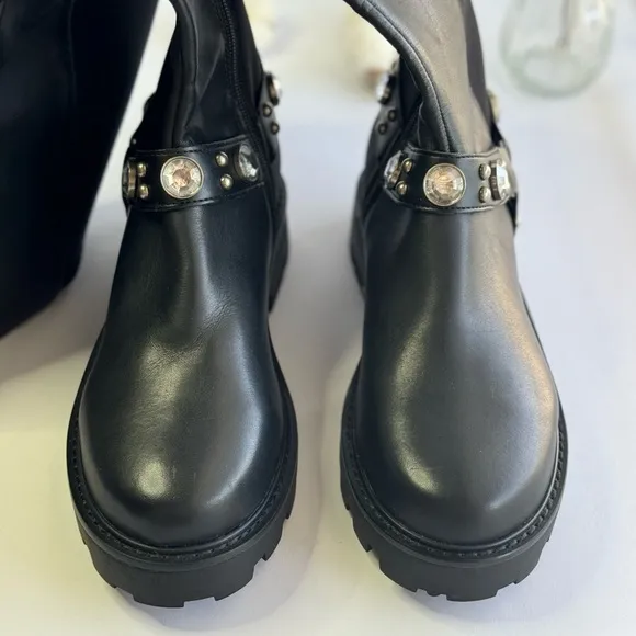KARL LAGERFELD PARIS, Milla Rhinestone Embellished Leather womens boots size 6.5