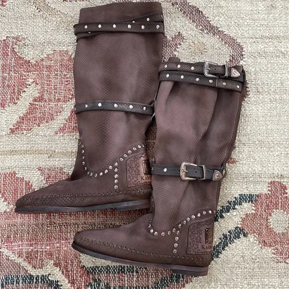 Karma of Charme tall boots in chocolate snake print leather. New from Sundance.