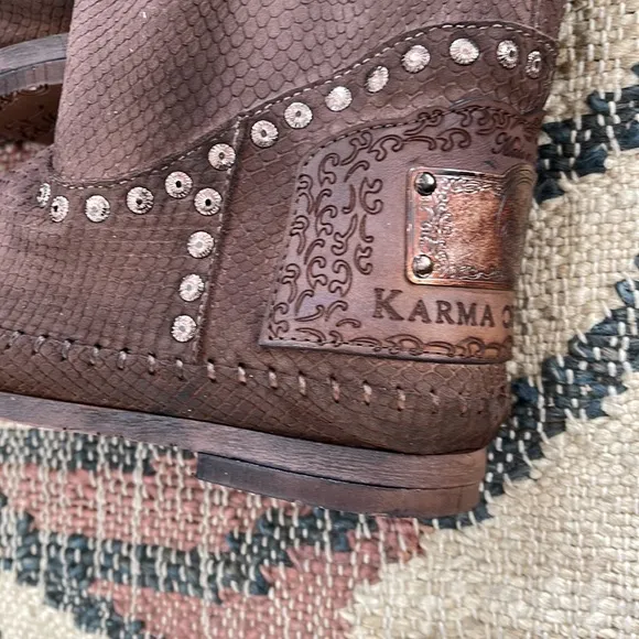 Karma of Charme tall boots in chocolate snake print leather. New from Sundance.