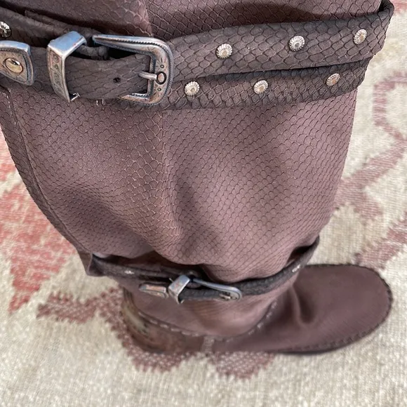 Karma of Charme tall boots in chocolate snake print leather. New from Sundance.