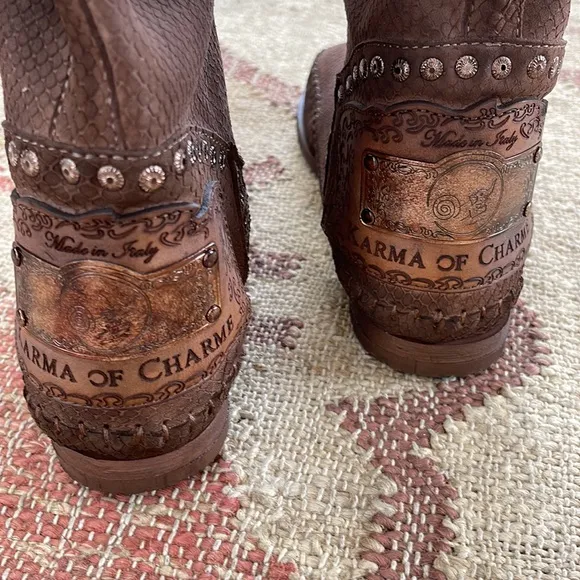 Karma of Charme tall boots in chocolate snake print leather. New from Sundance.